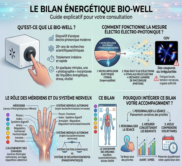 Guide explicatif du bilan énergétique Bio-Well — Électrophotographie GDV, système nerveux, méridiens et chakras