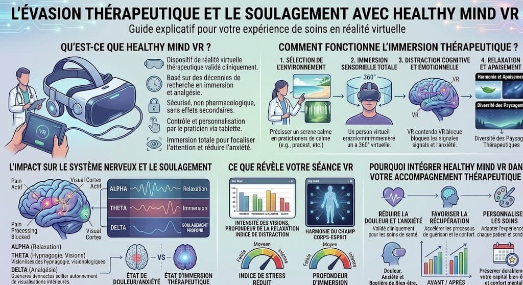 Guide explicatif de la réalité virtuelle thérapeutique — Immersion 360°, distraction cognitive, système nerveux et soulagement