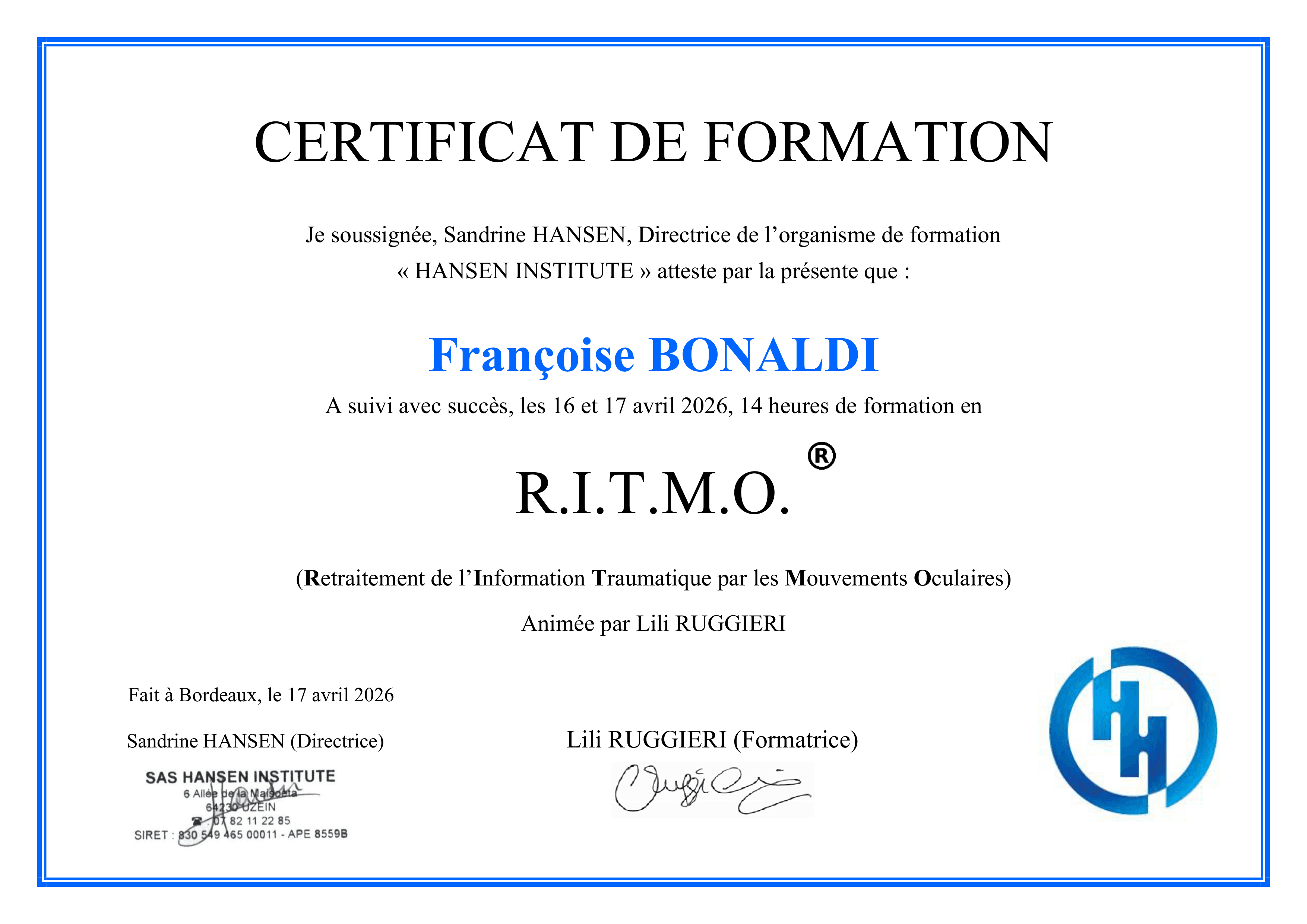 Certificat de Formation R.I.T.M.O.®