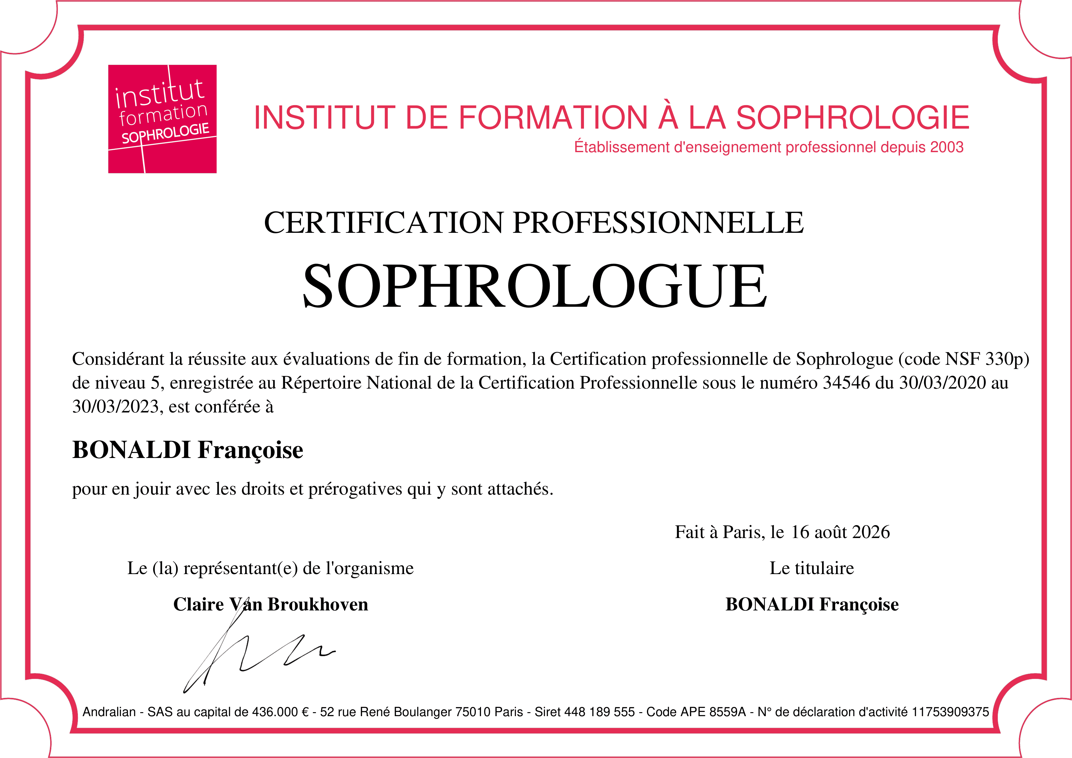 Certification Professionnelle de Sophrologue