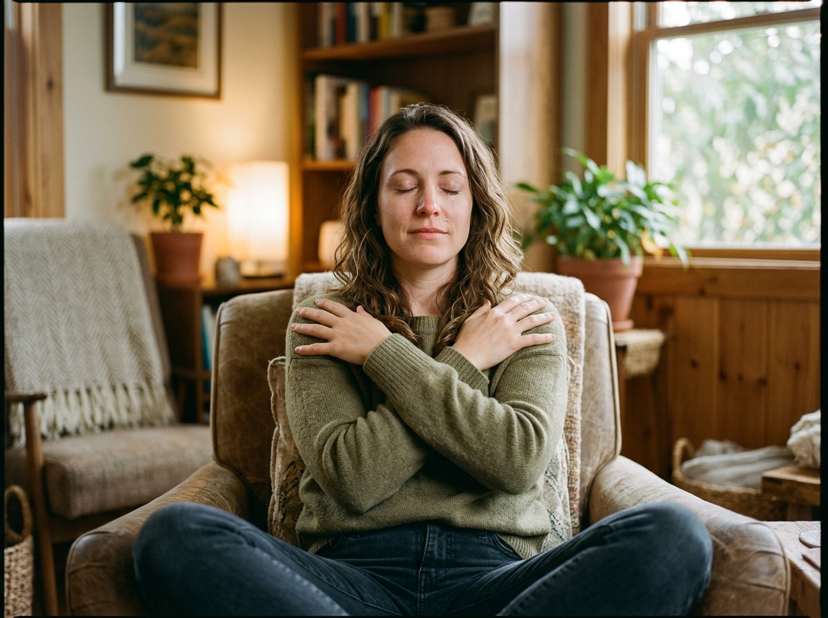 Femme pratiquant l'étreinte papillon en séance de RITMO et EMDR