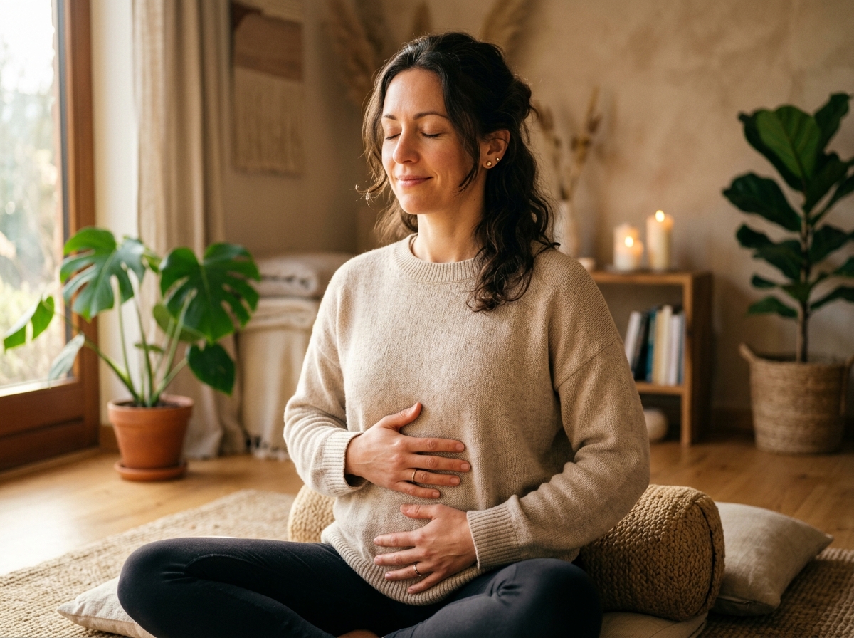 Femme pratiquant la respiration abdominale en pleine conscience au cabinet